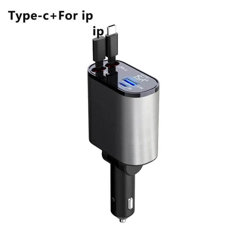 100W Car Charger Car Super Fast Charge Flash Charging, Telescopic Cable Four-In-One Point Smoker Car Charging