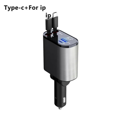 100W Car Charger Car Super Fast Charge Flash Charging, Telescopic Cable Four-In-One Point Smoker Car Charging