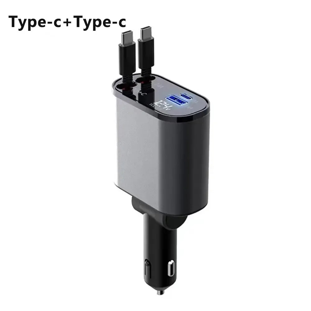 100W Car Charger Car Super Fast Charge Flash Charging, Telescopic Cable Four-In-One Point Smoker Car Charging