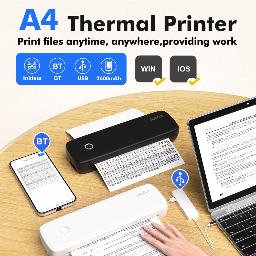 Portable Printers Wireless for Travel, Bluetooth Thermal Printer Compatible with Ios, Android, Laptop, Inkless Mobile Printer for Office, Home, School